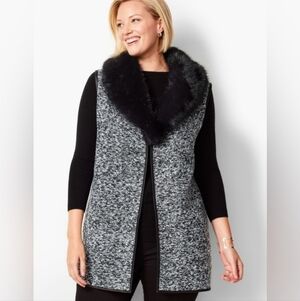 Talbots Removeable Faux Fur Collar Black Boucle Long Sweater Pockets Vest Sz XS